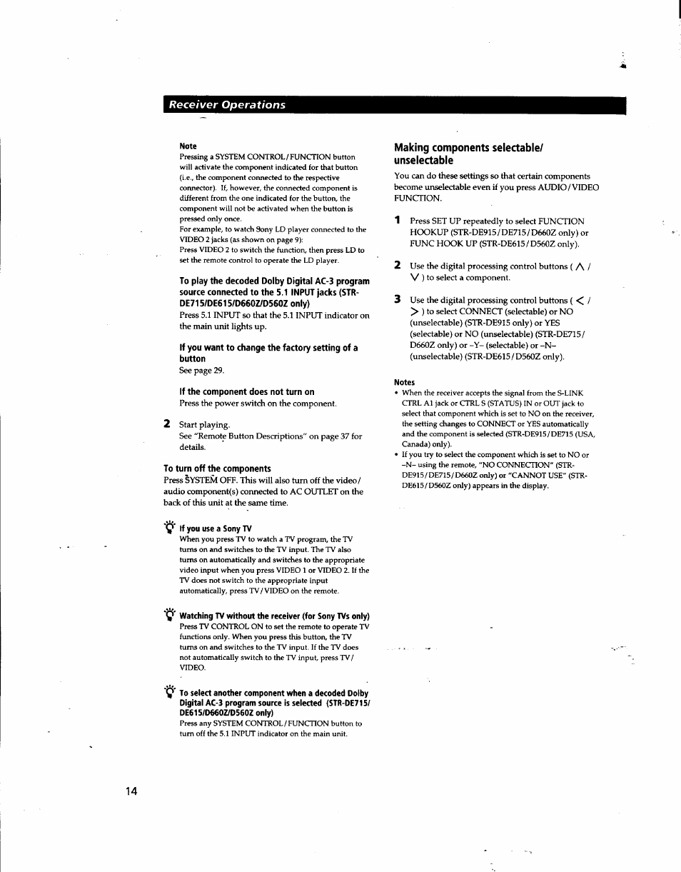 If the component does not turn on, To turn off the components, Making components selectable/ unselectable | Sony STR-DE915 User Manual | Page 14 / 40