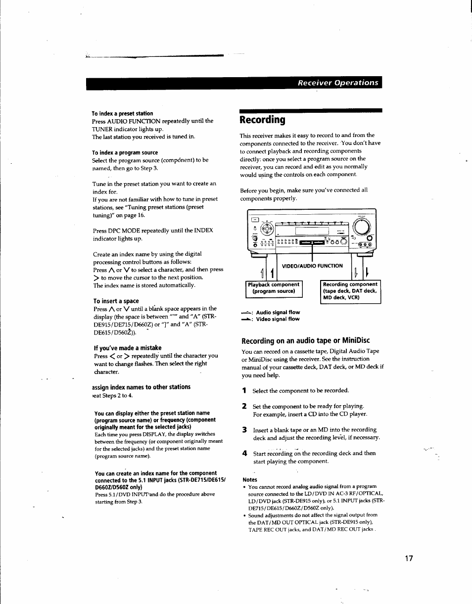 To insert a space, If you've made a mistake, Assign index names to other stations | Recording, Recording on an audio tape or minidisc | Sony STR-DE915 User Manual | Page 17 / 40