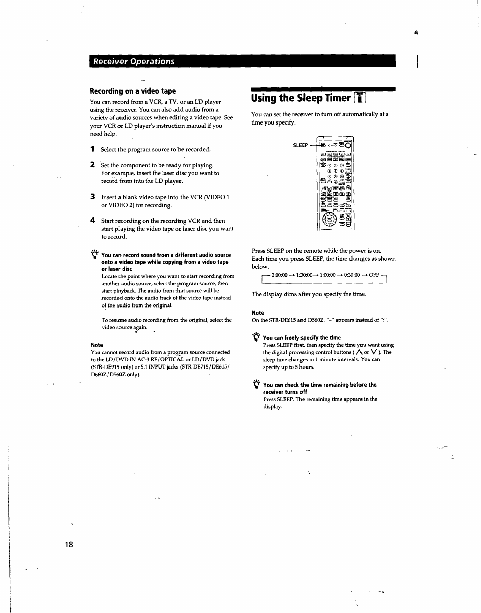 Recording on a video tape, Using the sleep timer ll, Using the sleep timer | Sony STR-DE915 User Manual | Page 18 / 40