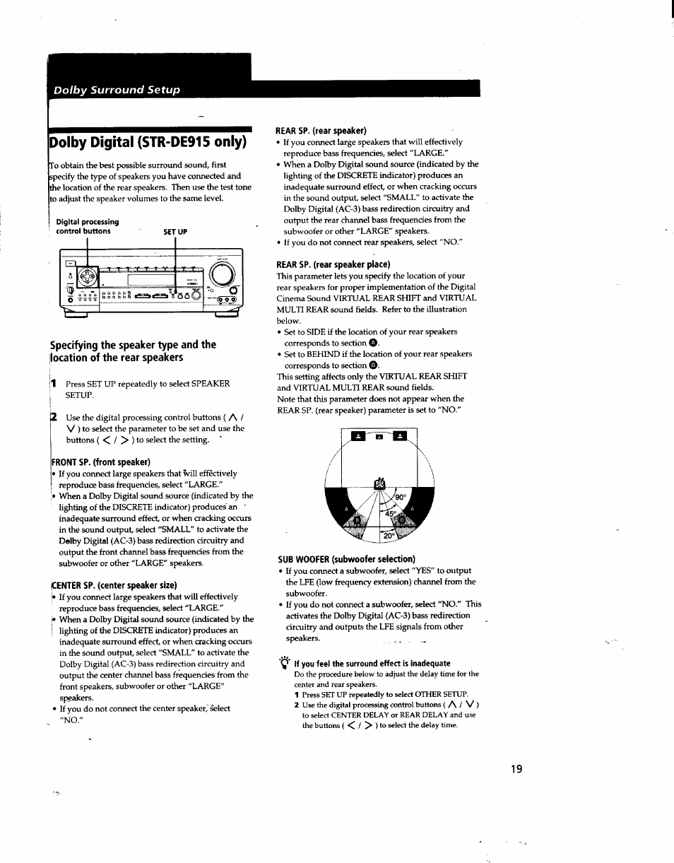 Dolby digital (str-de915 only), Front sp. (front speaker), Center sp. (center speaker size) | Rear sp. (rear speaker), Rear sp. (rear speaker place), Sub woofer (subwoofer selection) | Sony STR-DE915 User Manual | Page 19 / 40