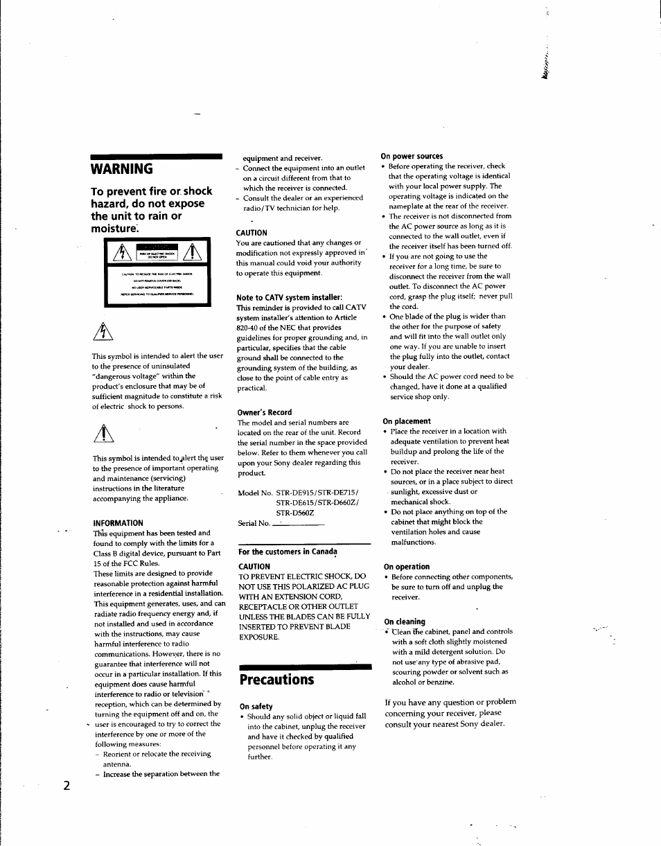 Warning, Precautions | Sony STR-DE915 User Manual | Page 2 / 40