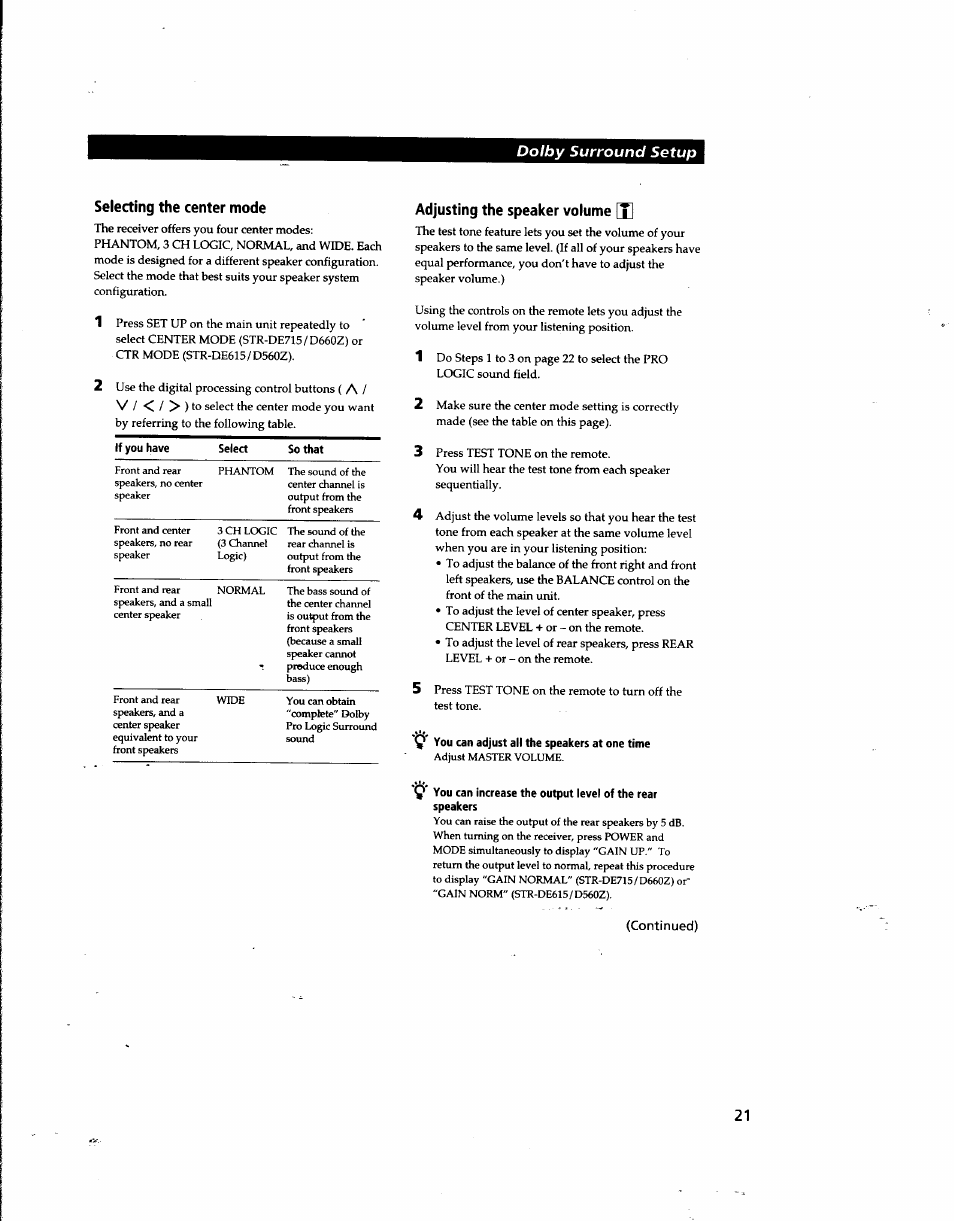 Selecting the center mode, Adjusting the speaker volume [xl, Continued) | Sony STR-DE915 User Manual | Page 21 / 40