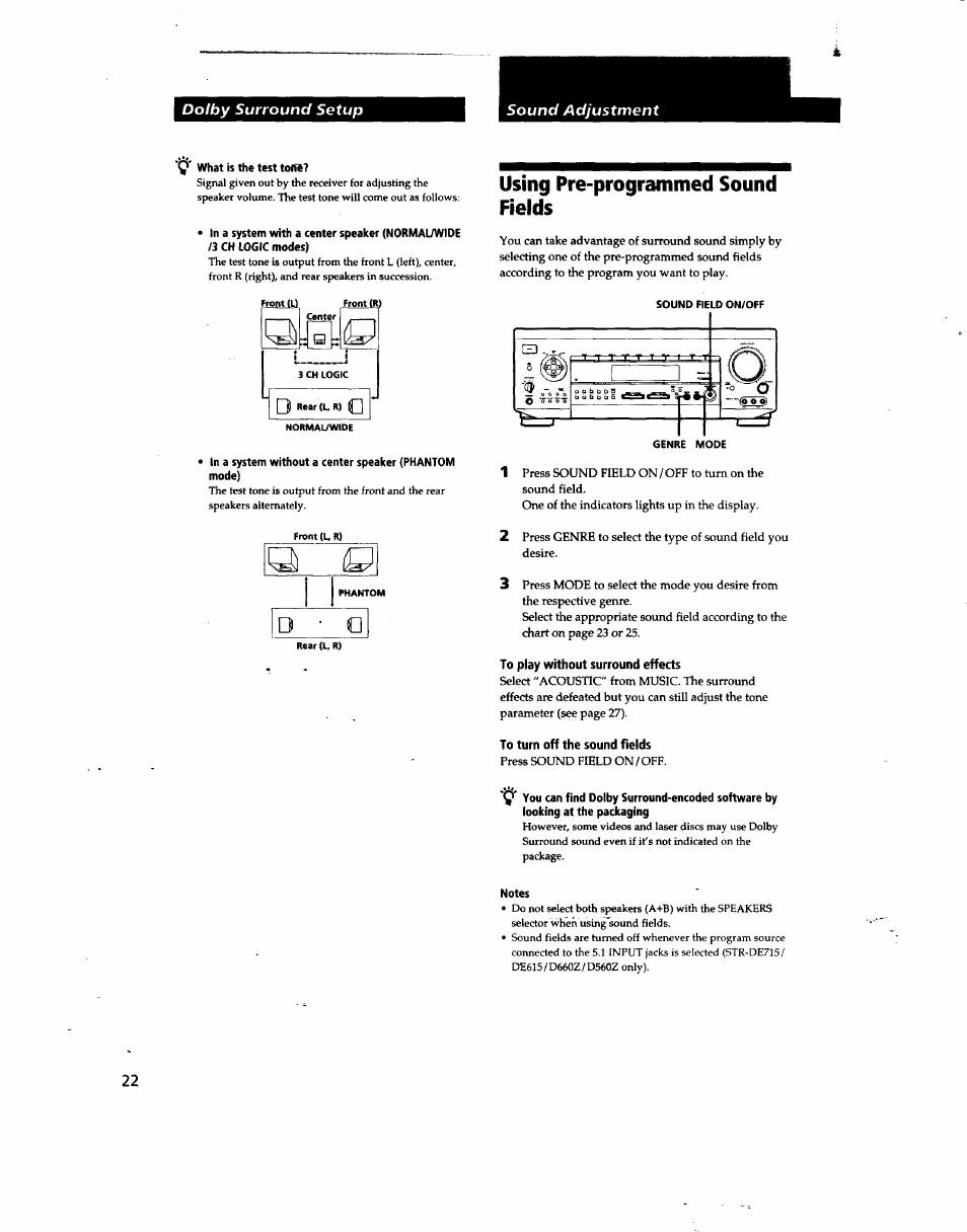 Using pre-programmed sound fields, To play without surround effects, To turn off the sound fields | Sony STR-DE915 User Manual | Page 22 / 40