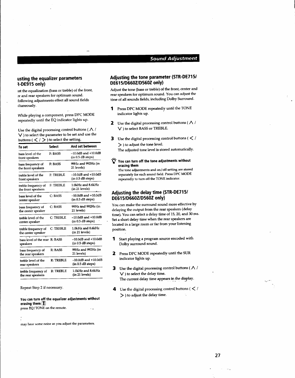 Usting the equalizer parameters {-de915 only) | Sony STR-DE915 User Manual | Page 27 / 40