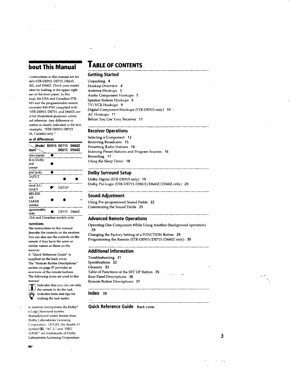 Bout this manual table of contents, Getting started, Receiver operations | Dolby surround setup, Sound adjustment, Advanced remote operations, Additional information, Index 39, Quick reference guide back cover, This | Sony STR-DE915 User Manual | Page 3 / 40