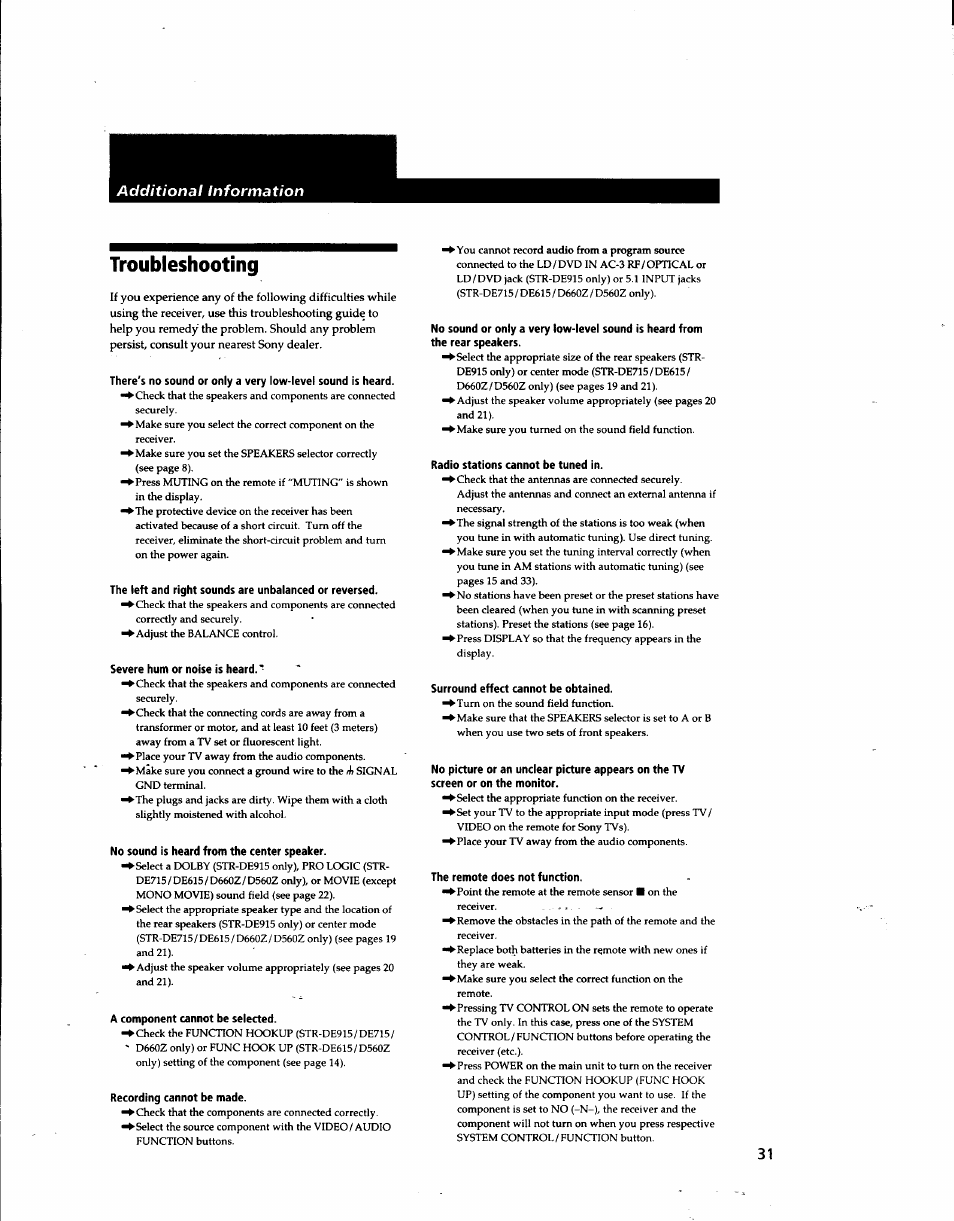 Troubleshooting | Sony STR-DE915 User Manual | Page 31 / 40