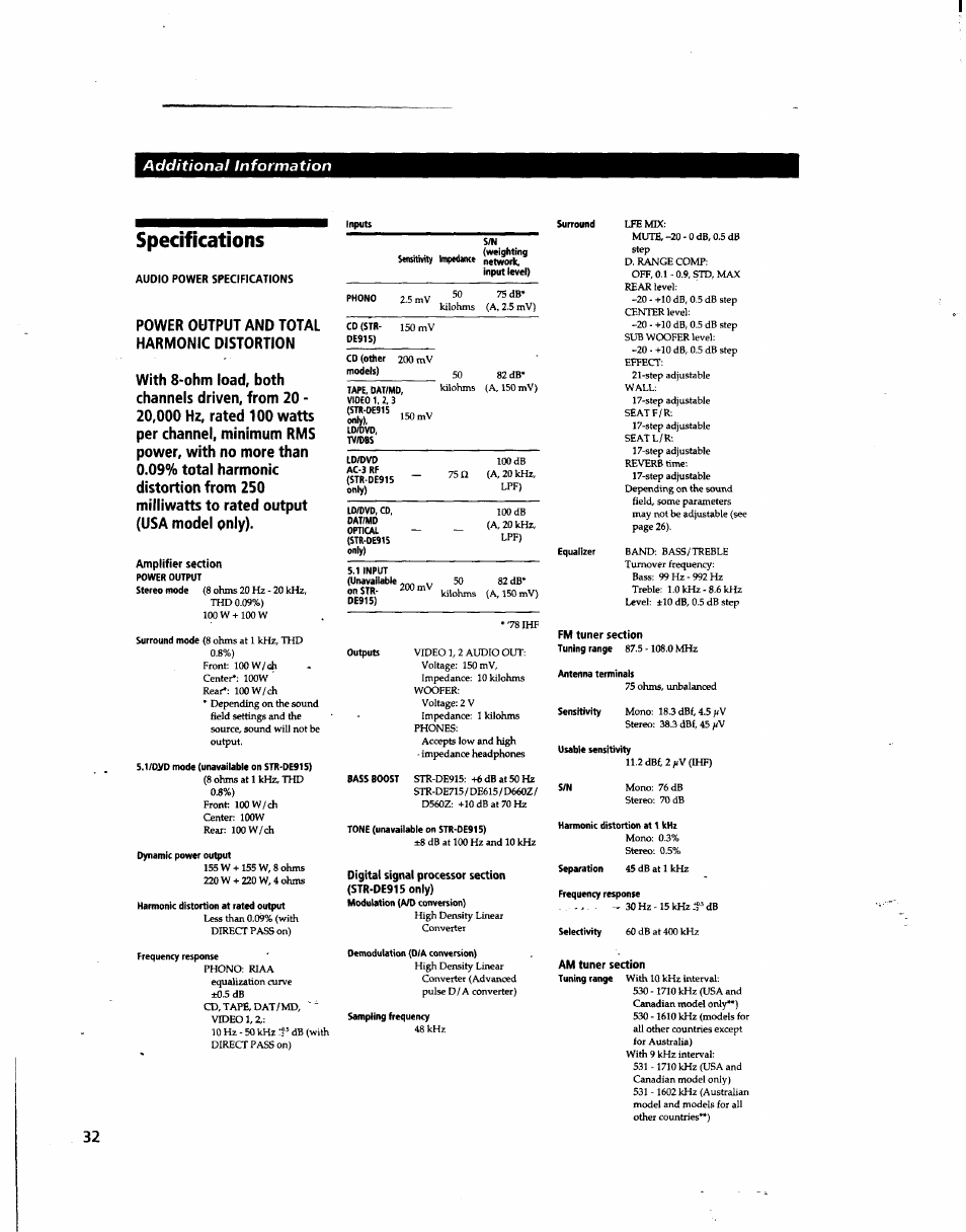 Specifications, Additional information, Audio power specifications | Sony STR-DE915 User Manual | Page 32 / 40