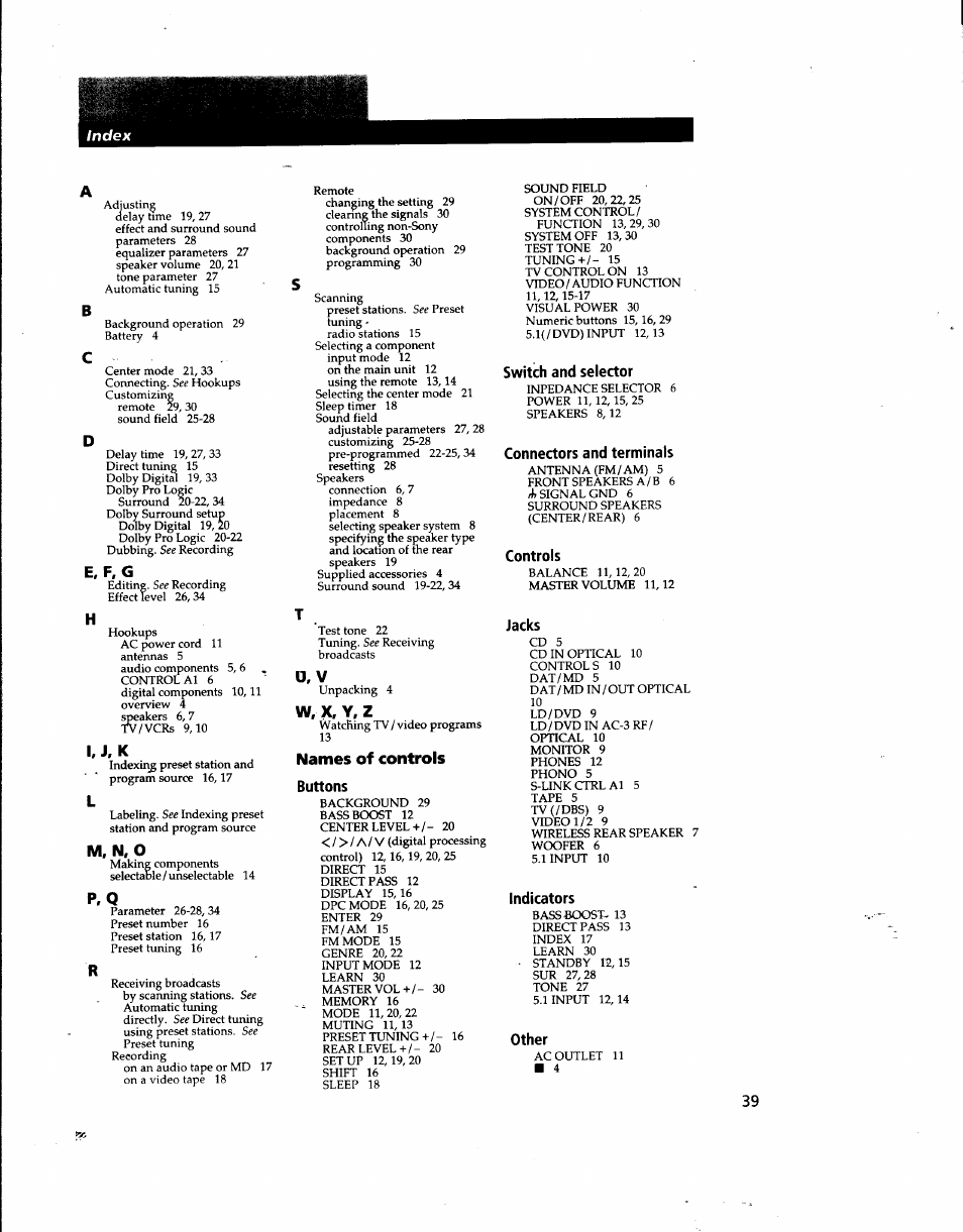 E, f, g, I. j, k, M, n, o | O. v, W, x, y, z, Names of controls, Buttons, Switch and selector, Connectors and terminals, Controls | Sony STR-DE915 User Manual | Page 39 / 40