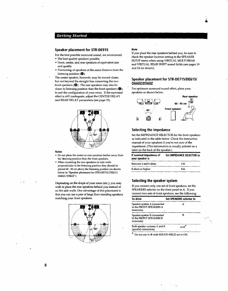 Speaker placement for str-de915, Speaker placement for str-de715/de615/ d660z/d560z, Selecting the impedance | Sony STR-DE915 User Manual | Page 8 / 40