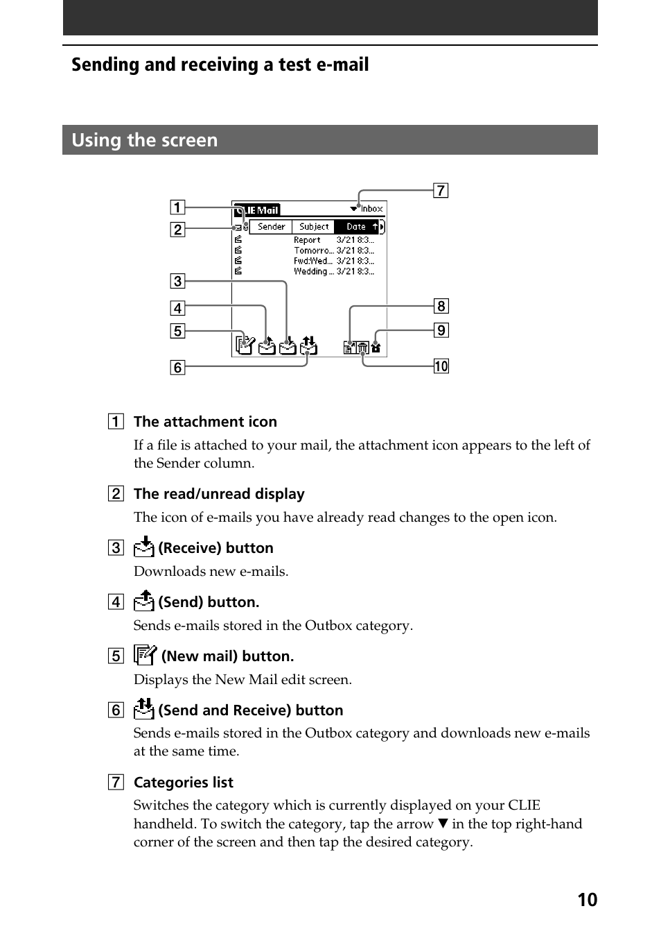 Using the screen, 10 using the screen, Sending and receiving a test e-mail | Sony CLIE A-AVZ-100-11 User Manual | Page 10 / 42