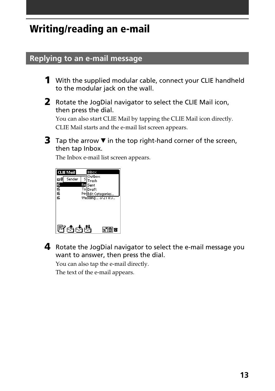 Writing/reading an e-mail, Replying to an e-mail message | Sony CLIE A-AVZ-100-11 User Manual | Page 13 / 42