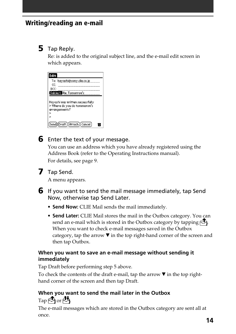 Writing/reading an e-mail | Sony CLIE A-AVZ-100-11 User Manual | Page 14 / 42