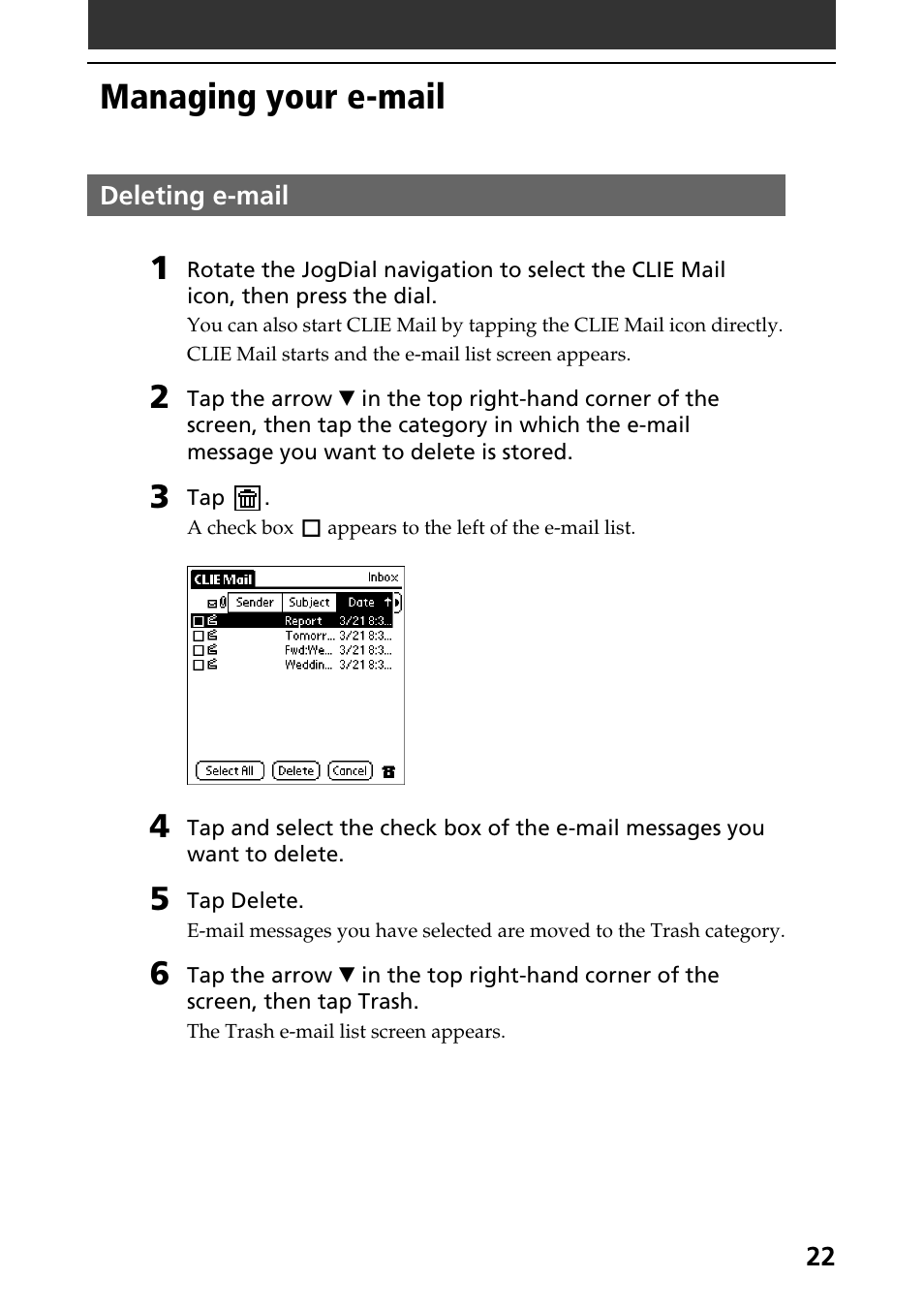 Managing your e-mail, Deleting e-mail | Sony CLIE A-AVZ-100-11 User Manual | Page 22 / 42