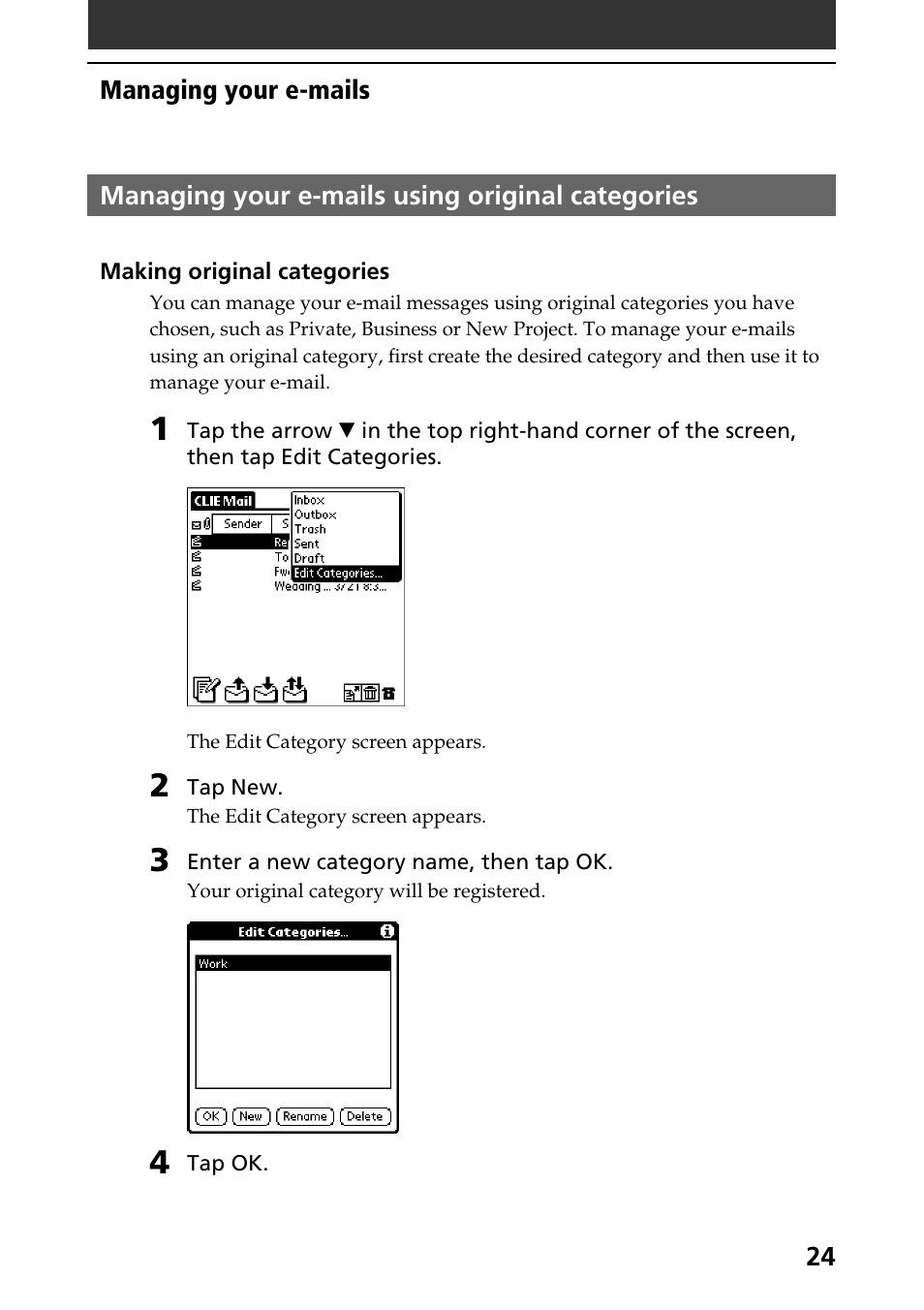 Managing your e-mails using original categories | Sony CLIE A-AVZ-100-11 User Manual | Page 24 / 42