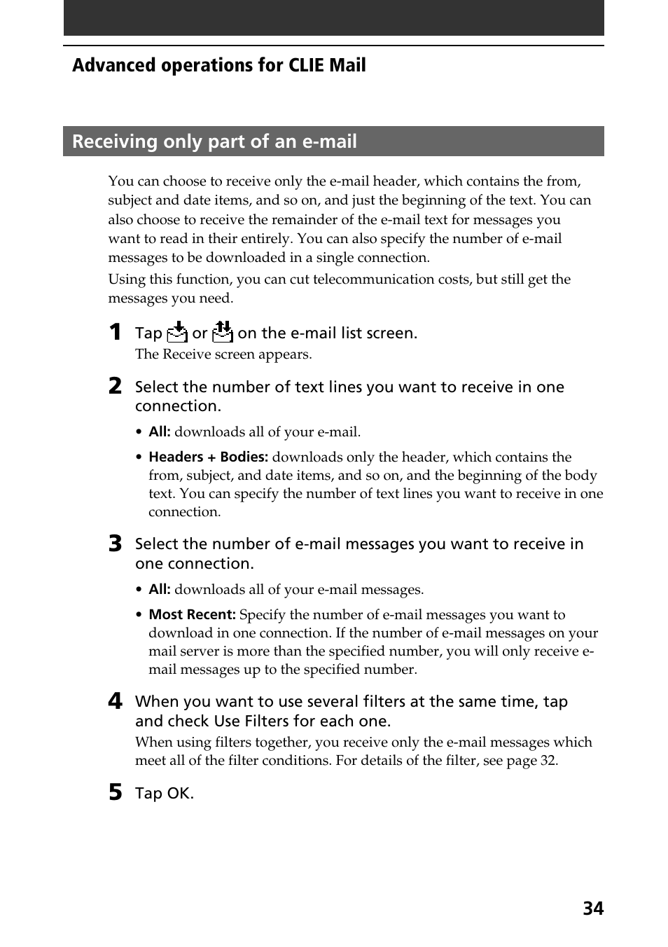 Receiving only part of an e-mail | Sony CLIE A-AVZ-100-11 User Manual | Page 34 / 42