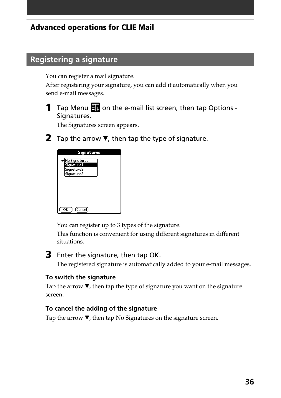 Registering a signature | Sony CLIE A-AVZ-100-11 User Manual | Page 36 / 42