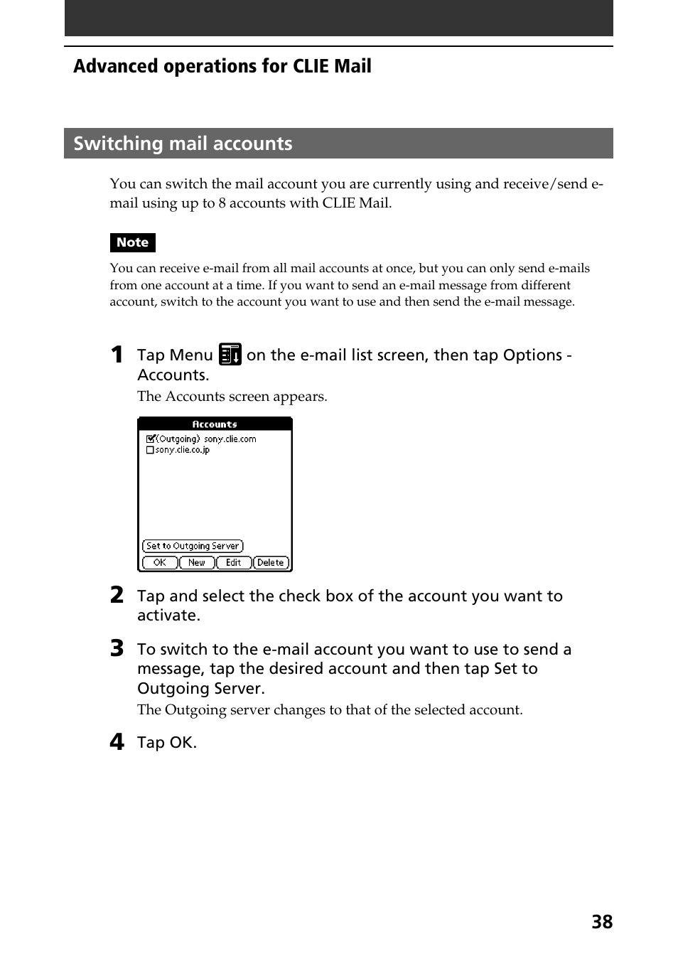 Switching mail accounts | Sony CLIE A-AVZ-100-11 User Manual | Page 38 / 42