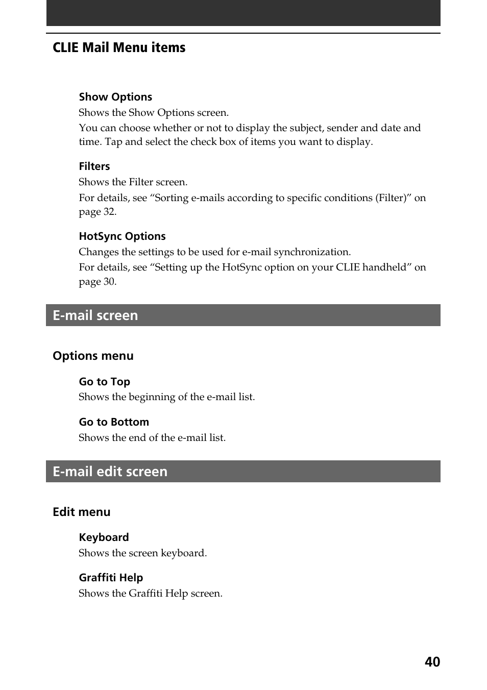 E-mail screen, E-mail edit screen, Clie mail menu items | Sony CLIE A-AVZ-100-11 User Manual | Page 40 / 42