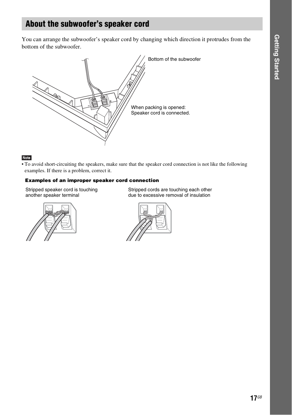 About the subwoofer’s speaker cord | Sony BDV-E980W User Manual | Page 17 / 84