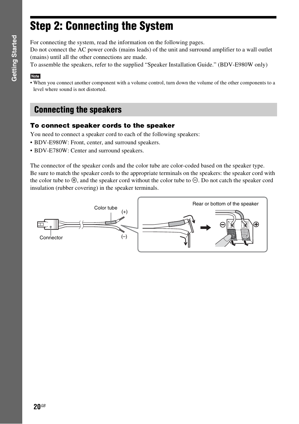 Step 2: connecting the system, Connecting the speakers | Sony BDV-E980W User Manual | Page 20 / 84