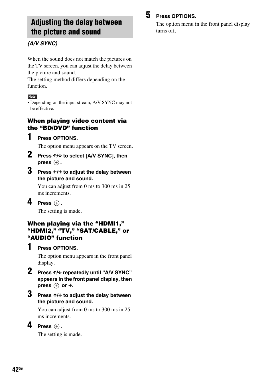 Adjusting the delay between the picture and sound | Sony BDV-E980W User Manual | Page 42 / 84