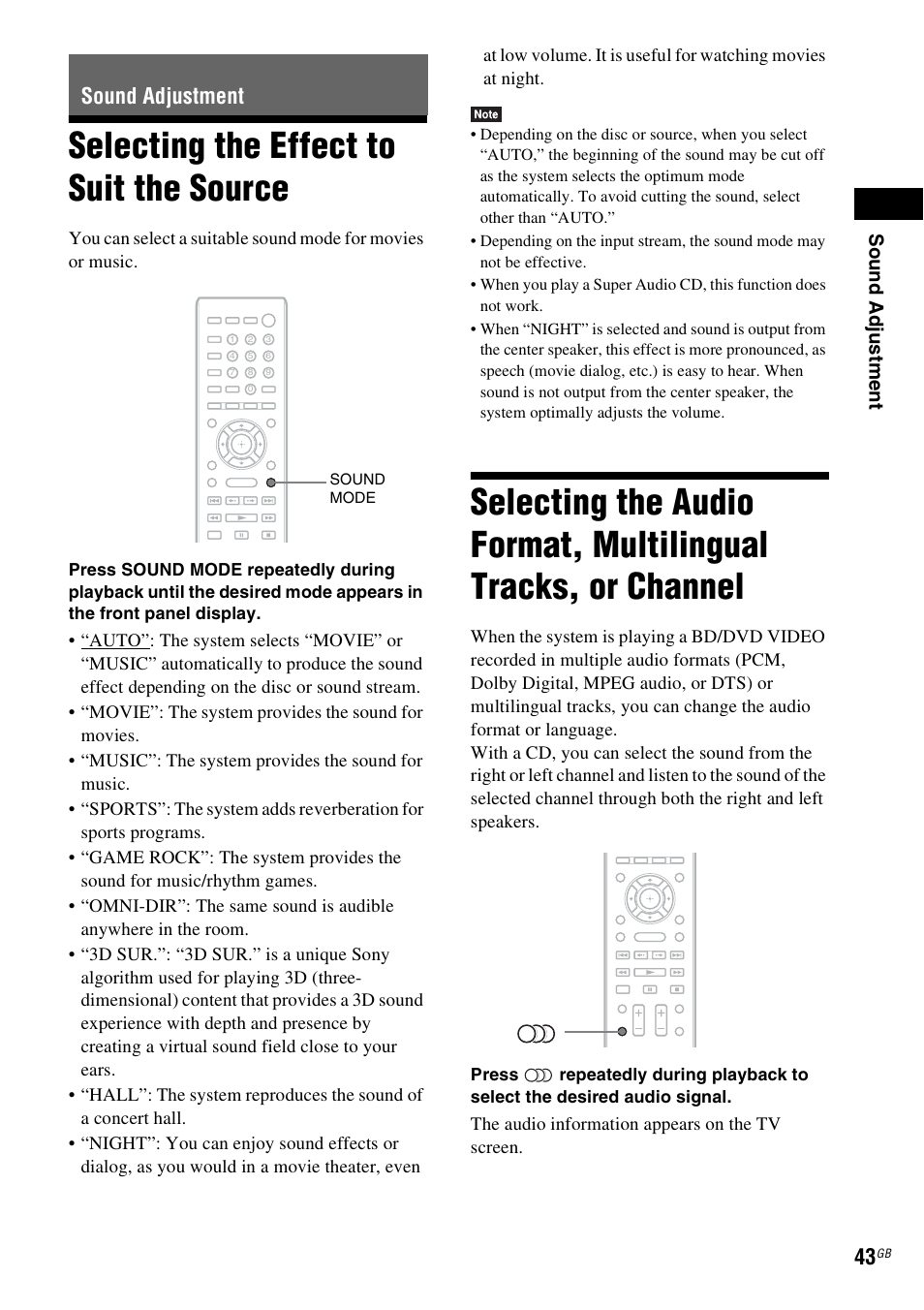 Sound adjustment, Selecting the effect to suit the source, Selecting the effect to suit | The source, Selecting the audio format, multilingual, Tracks, or channel, Es 43 | Sony BDV-E980W User Manual | Page 43 / 84