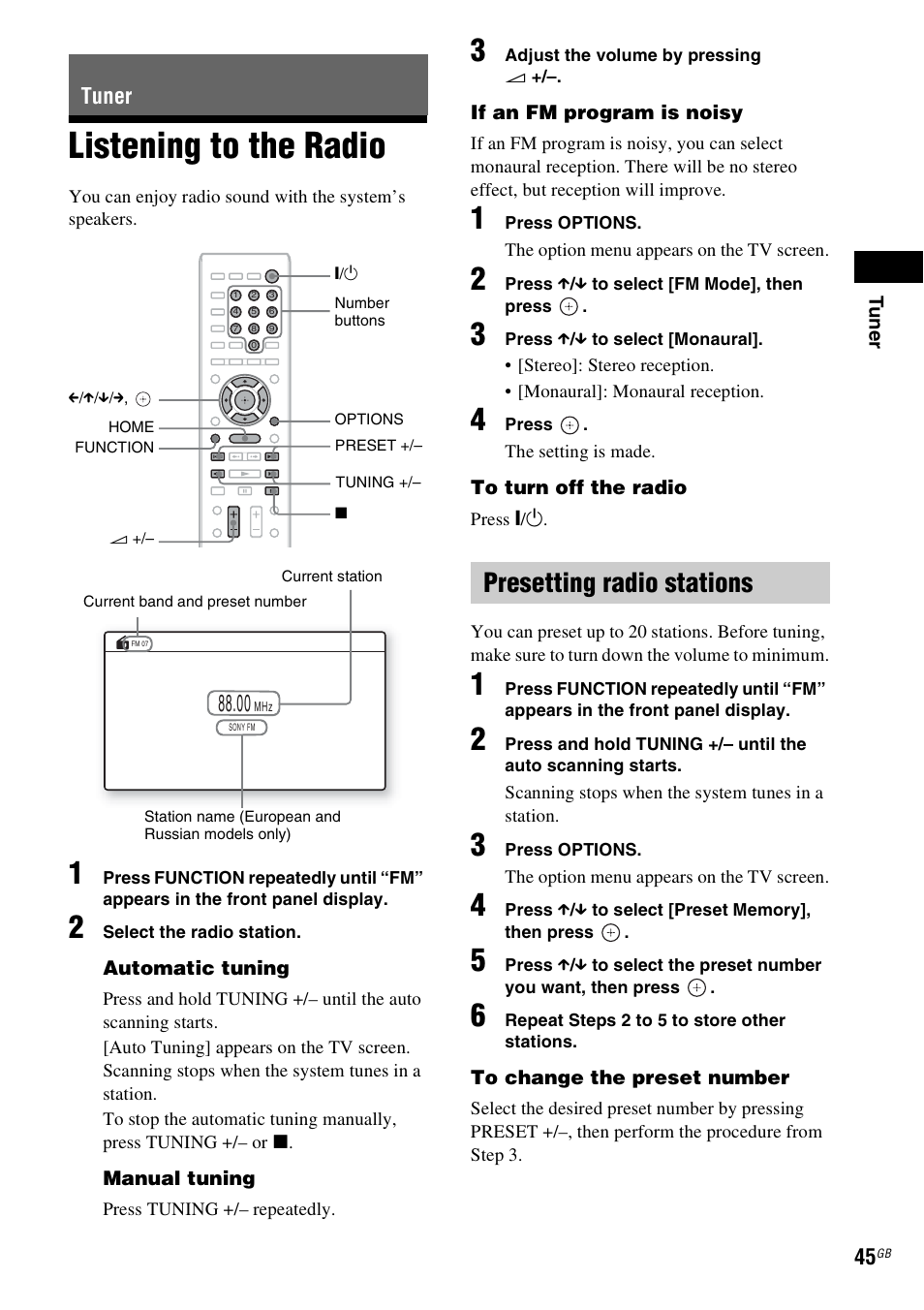 Tuner, Listening to the radio, Presetting radio stations | E 45) | Sony BDV-E980W User Manual | Page 45 / 84