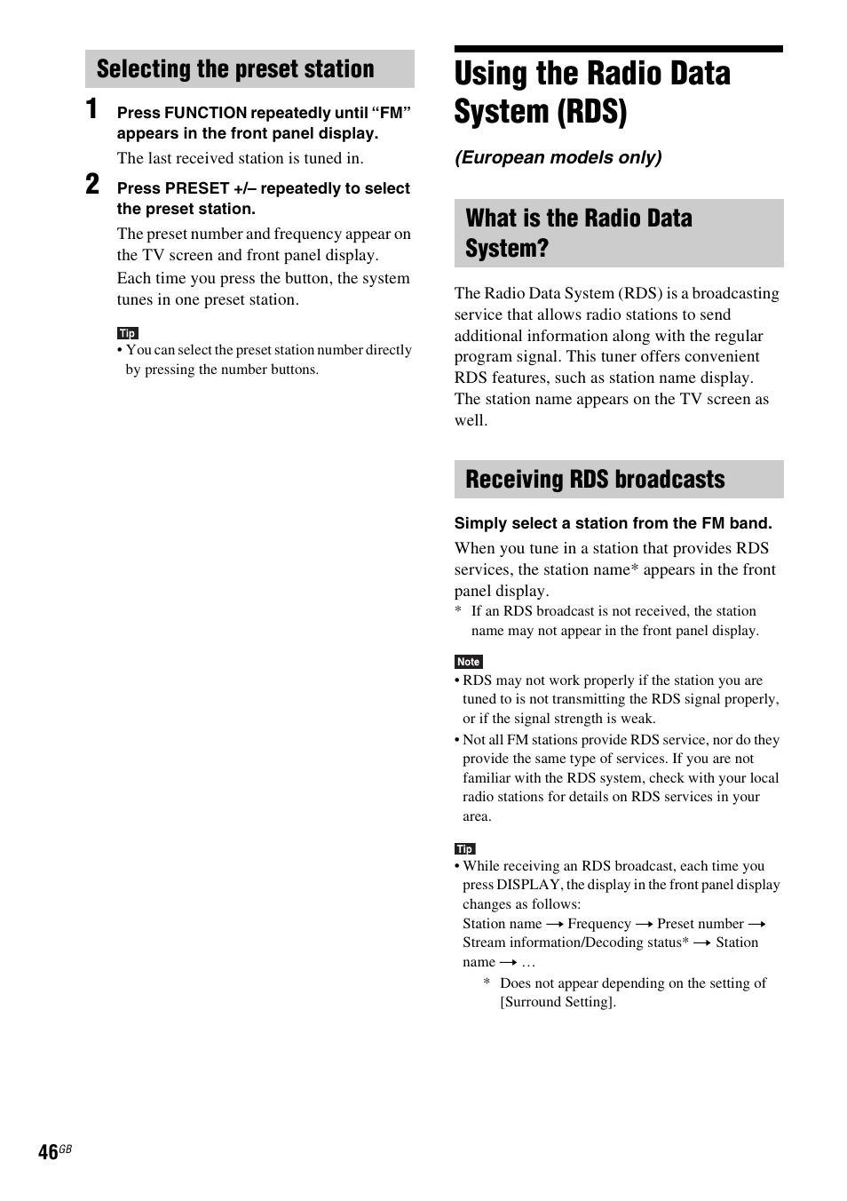 Selecting the preset station, Using the radio data system (rds), What is the radio data system | Receiving rds broadcasts, Using the radio data system, Rds) | Sony BDV-E980W User Manual | Page 46 / 84