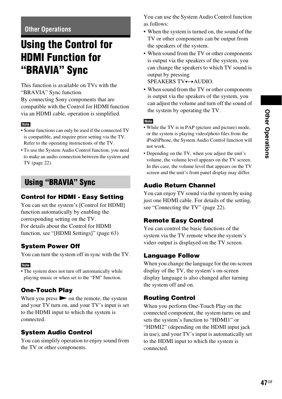 Other operations, Using “bravia” sync, Using the control for hdmi function for | Bravia” sync | Sony BDV-E980W User Manual | Page 47 / 84