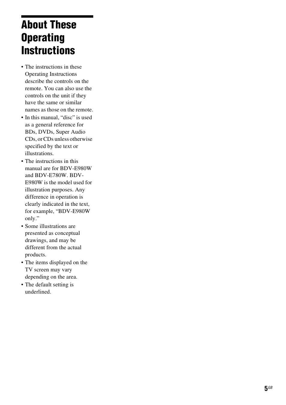 About these operating instructions | Sony BDV-E980W User Manual | Page 5 / 84