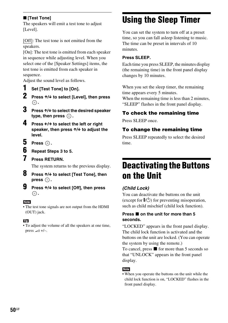 Using the sleep timer, Deactivating the buttons on the unit, Using the sleep timer deactivating the buttons on | The unit | Sony BDV-E980W User Manual | Page 50 / 84