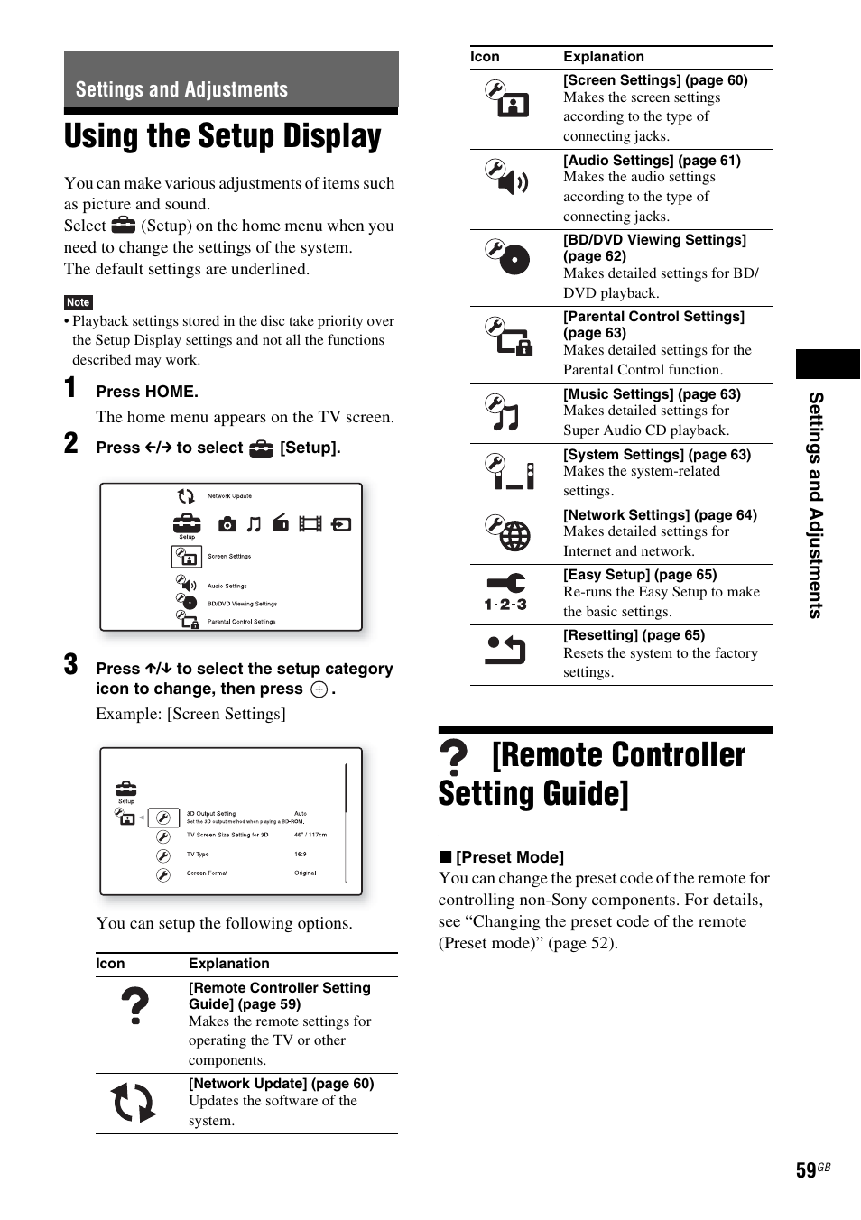 Settings and adjustments, Using the setup display, Remote controller setting guide | Sony BDV-E980W User Manual | Page 59 / 84