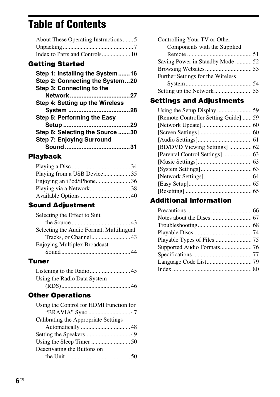 Sony BDV-E980W User Manual | Page 6 / 84