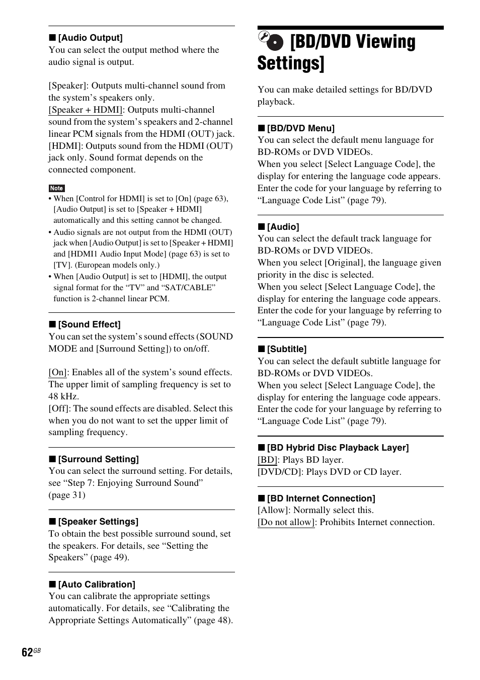 Bd/dvd viewing settings, E 62) | Sony BDV-E980W User Manual | Page 62 / 84