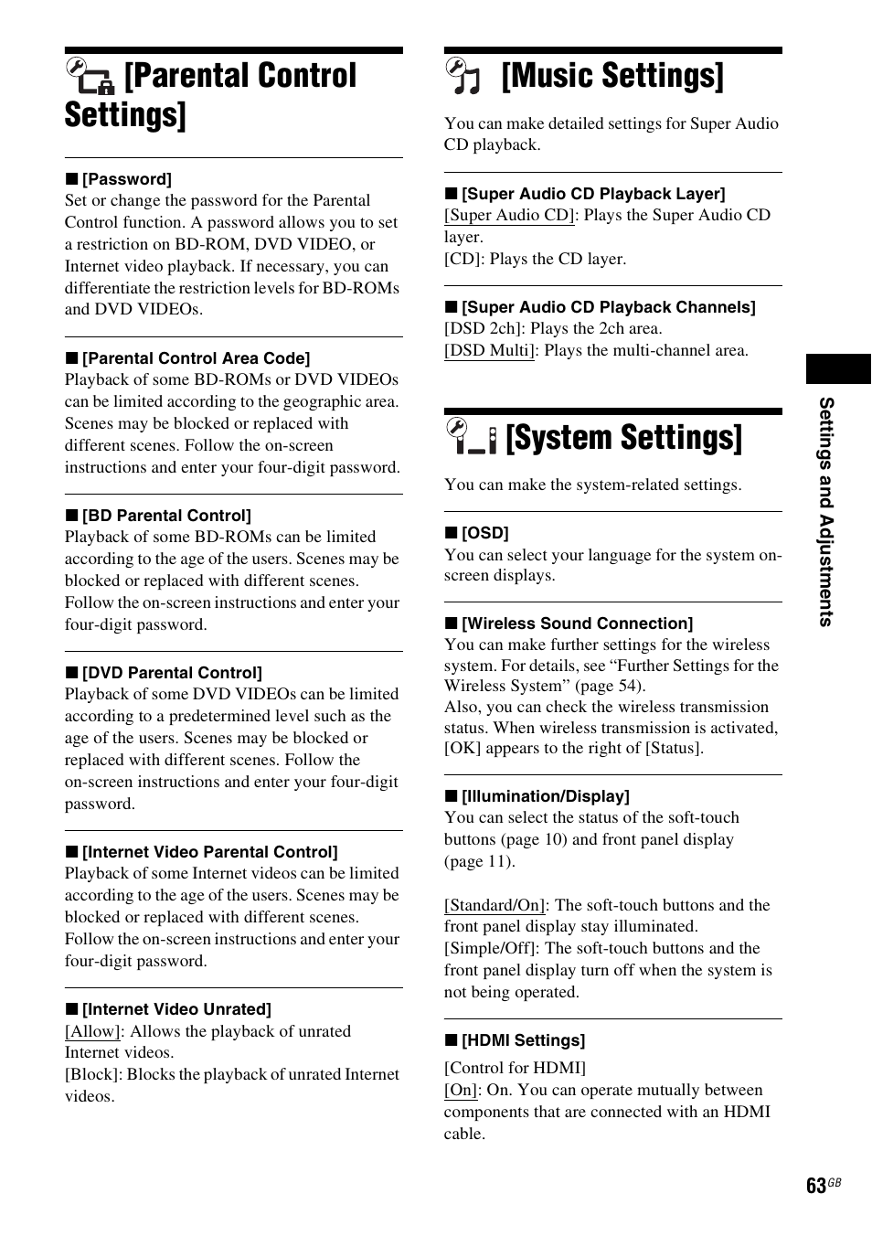 Parental control settings, Music settings, System settings | Sony BDV-E980W User Manual | Page 63 / 84