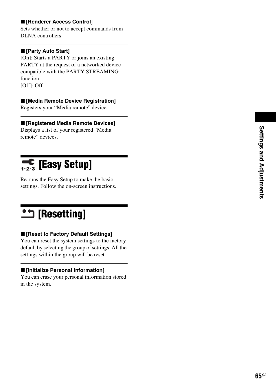 Easy setup, Resetting, Easy setup] [resetting | Sony BDV-E980W User Manual | Page 65 / 84