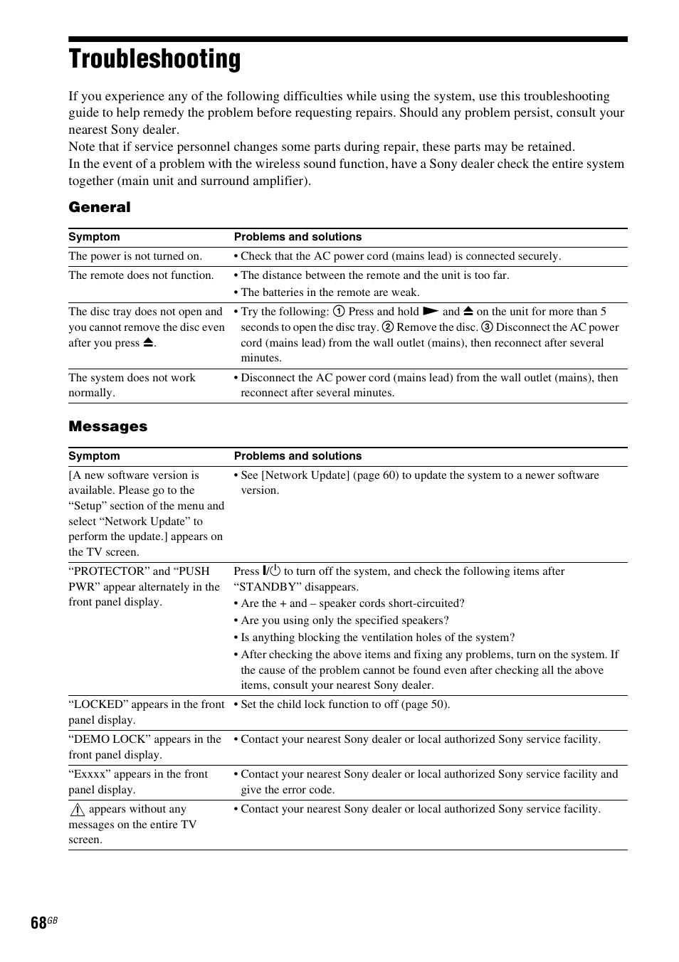 Troubleshooting | Sony BDV-E980W User Manual | Page 68 / 84