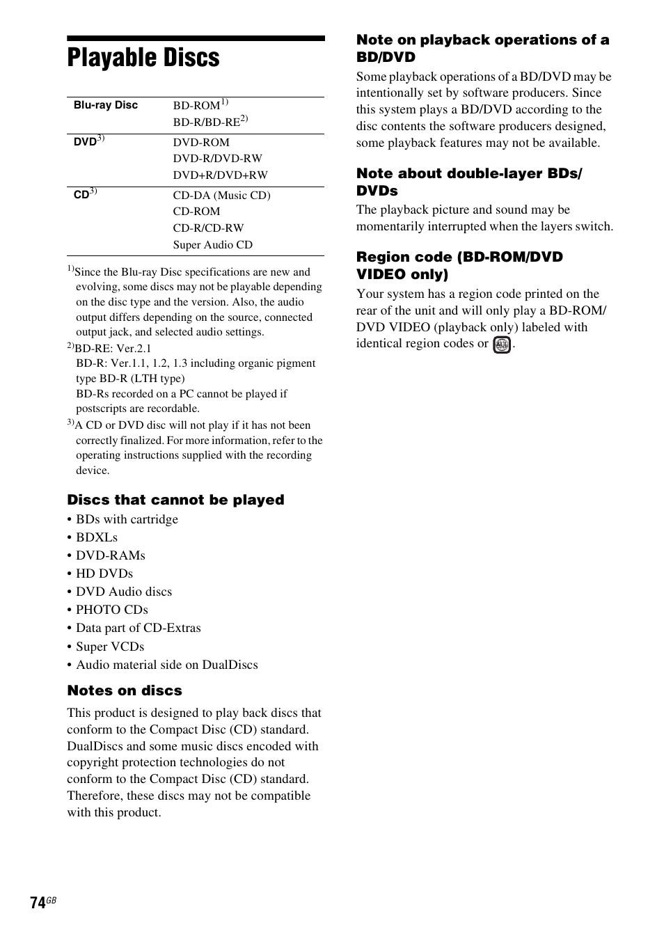 Playable discs | Sony BDV-E980W User Manual | Page 74 / 84