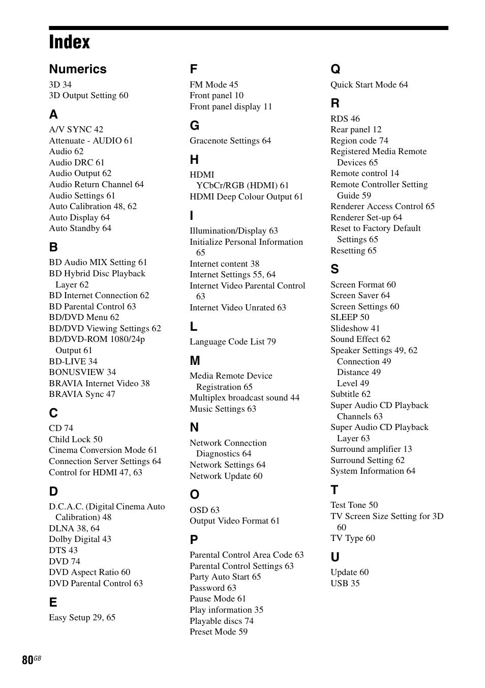 Index, Numerics | Sony BDV-E980W User Manual | Page 80 / 84