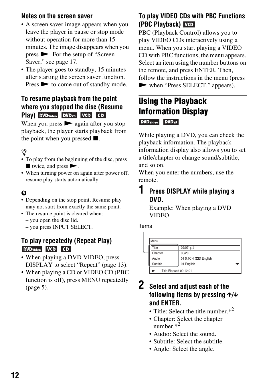 Using the playback information display | Sony DVP-FX970 User Manual | Page 12 / 32