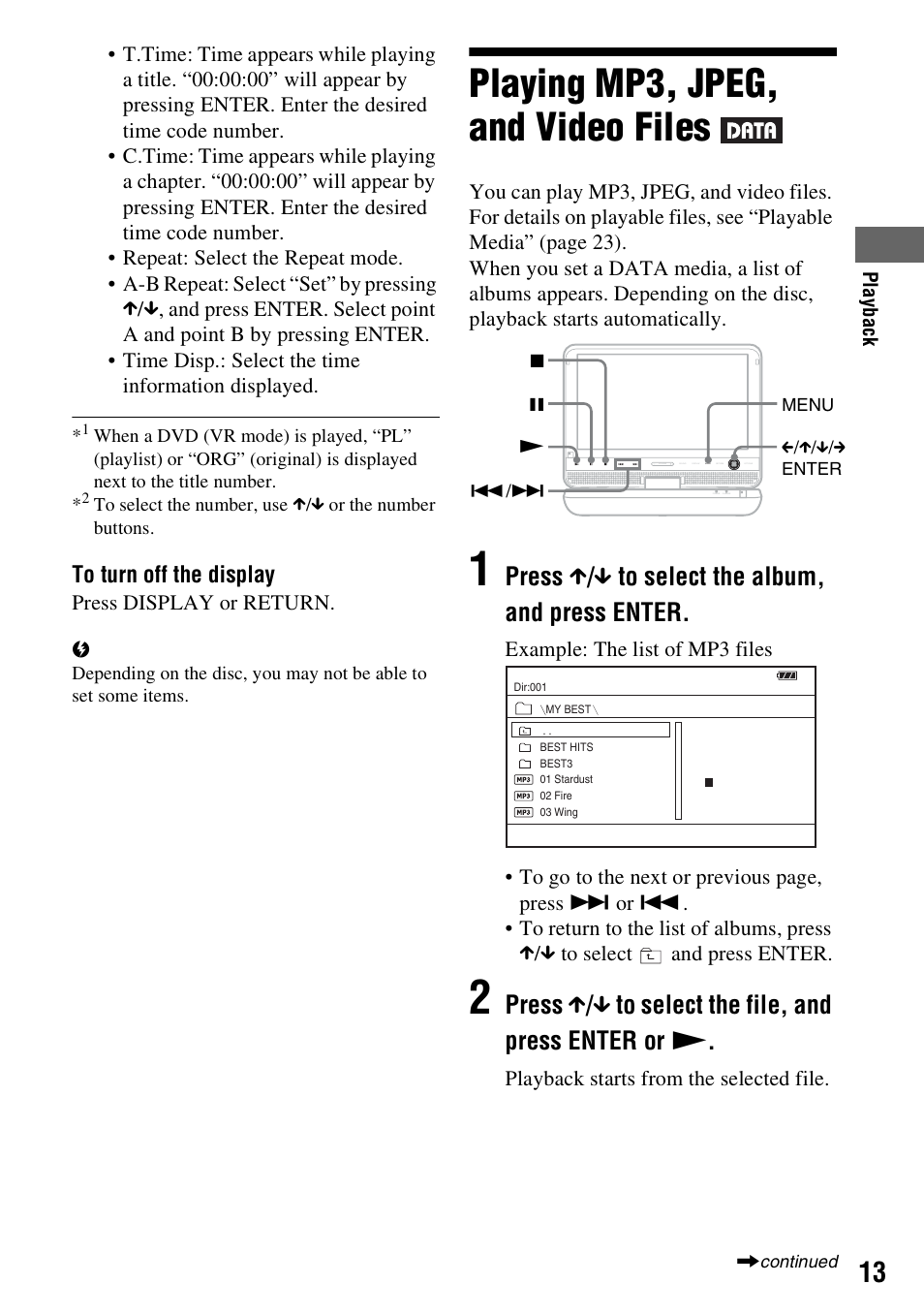 Playing mp3, jpeg, and video files, Press x / x to select the album, and press enter | Sony DVP-FX970 User Manual | Page 13 / 32