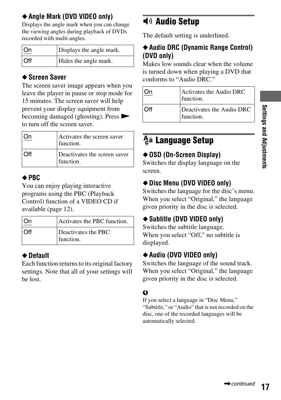 Audio setup, Language setup | Sony DVP-FX970 User Manual | Page 17 / 32