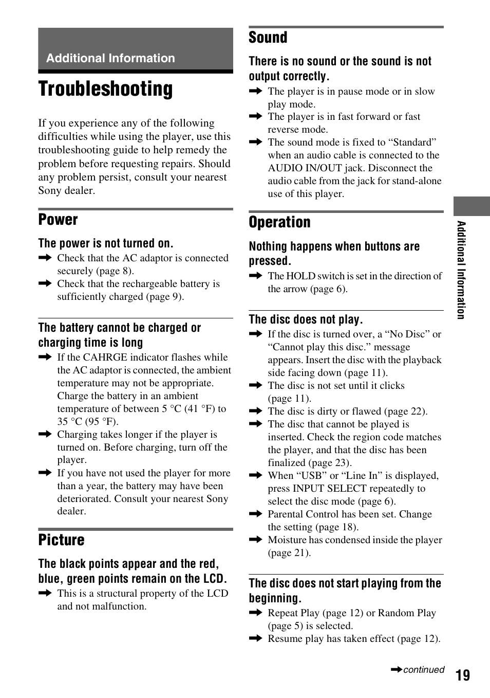 Additional information, Troubleshooting, Power | Picture, Sound, Operation | Sony DVP-FX970 User Manual | Page 19 / 32