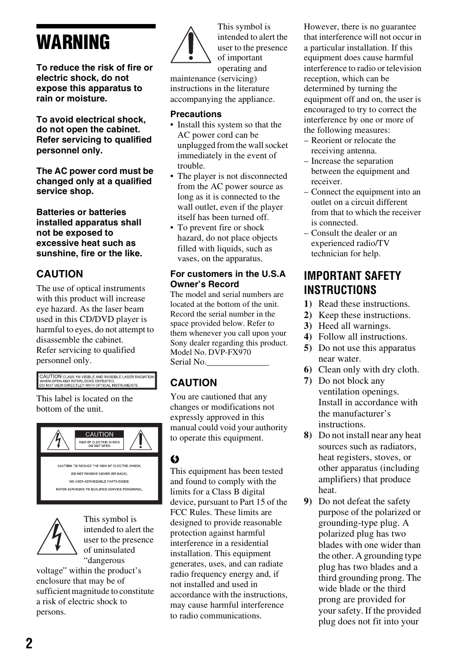 Warning, Important safety instructions | Sony DVP-FX970 User Manual | Page 2 / 32