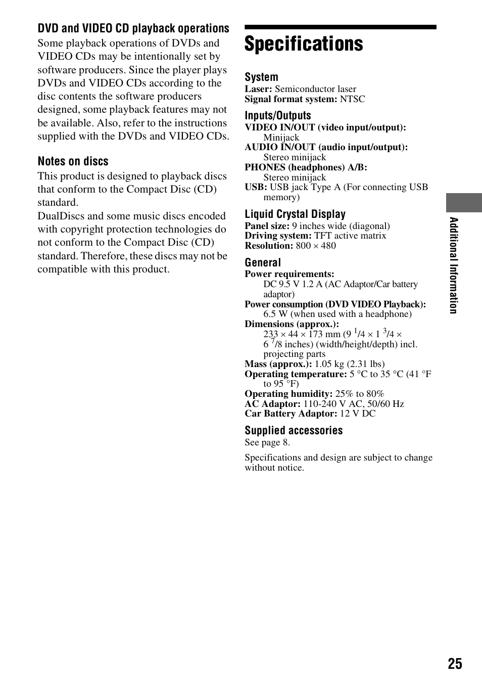 Specifications | Sony DVP-FX970 User Manual | Page 25 / 32