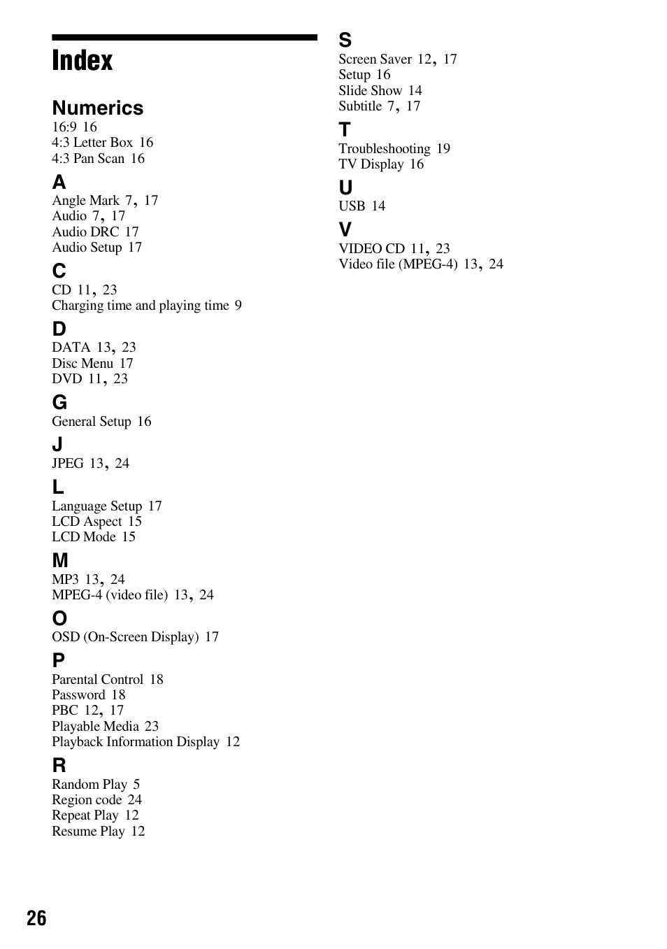 Index, Numerics | Sony DVP-FX970 User Manual | Page 26 / 32