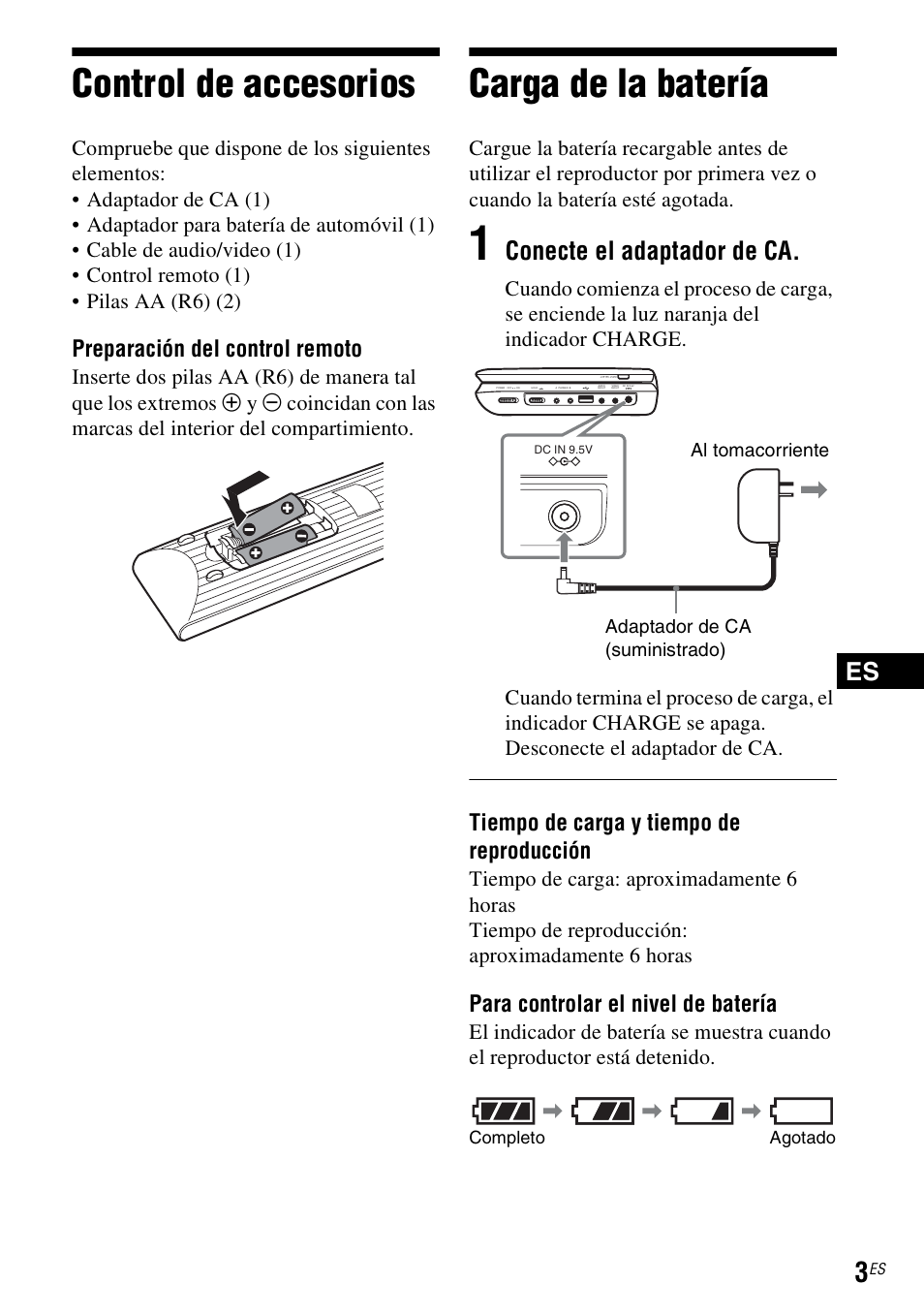 Control de accesorios, Carga de la batería, Conecte el adaptador de ca | Preparación del control remoto, Tiempo de carga y tiempo de reproducción, Para controlar el nivel de batería | Sony DVP-FX970 User Manual | Page 29 / 32