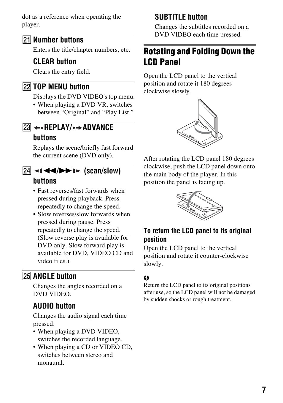 Rotating and folding down the lcd panel | Sony DVP-FX970 User Manual | Page 7 / 32