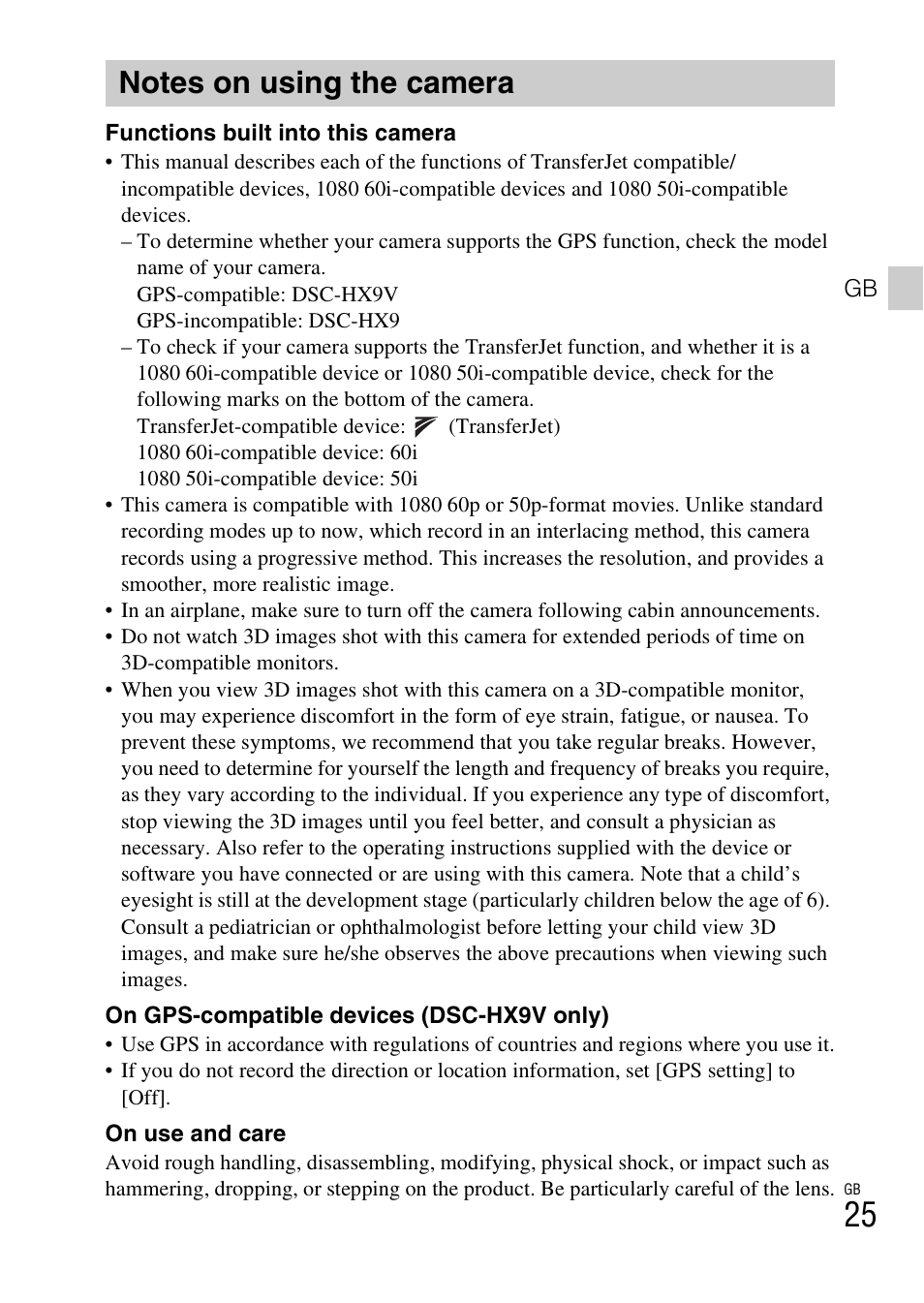 Notes on using the camera | Sony CYBER-SHOT DSC-HX9/HX9V User Manual | Page 25 / 64