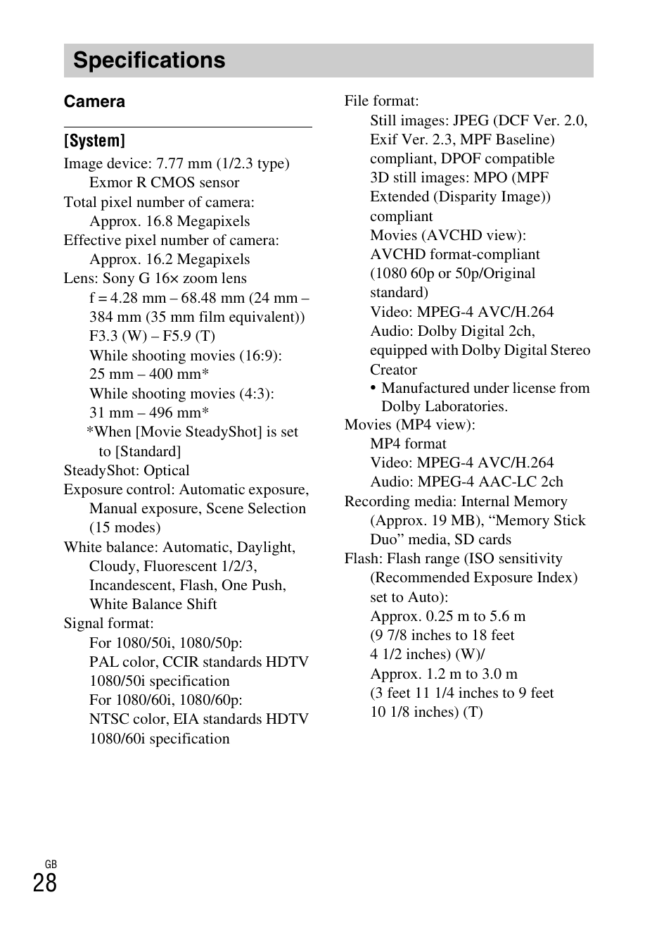 Specifications | Sony CYBER-SHOT DSC-HX9/HX9V User Manual | Page 28 / 64